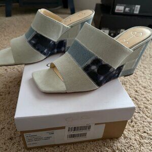 Jessica Simpson Aishia Sz 12M Light Wash Denim Patchwork Wedge